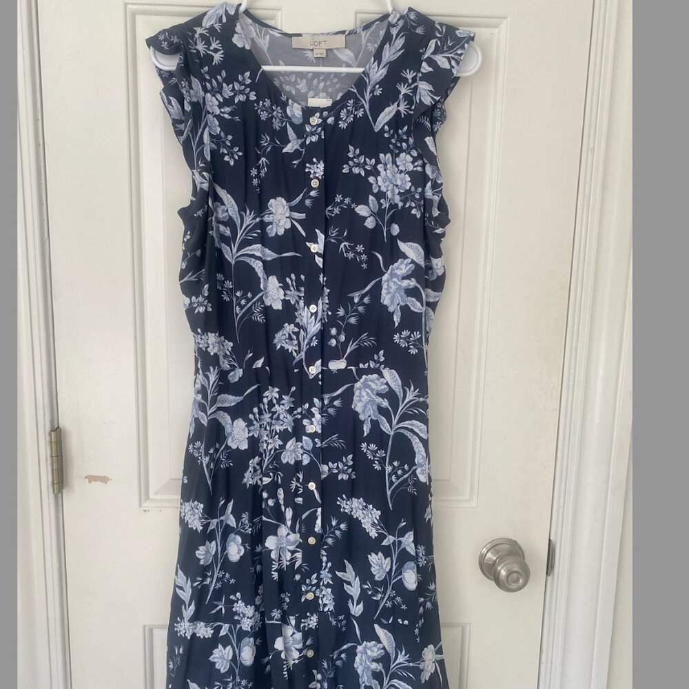 Loft Button Front Blue Floral Dress